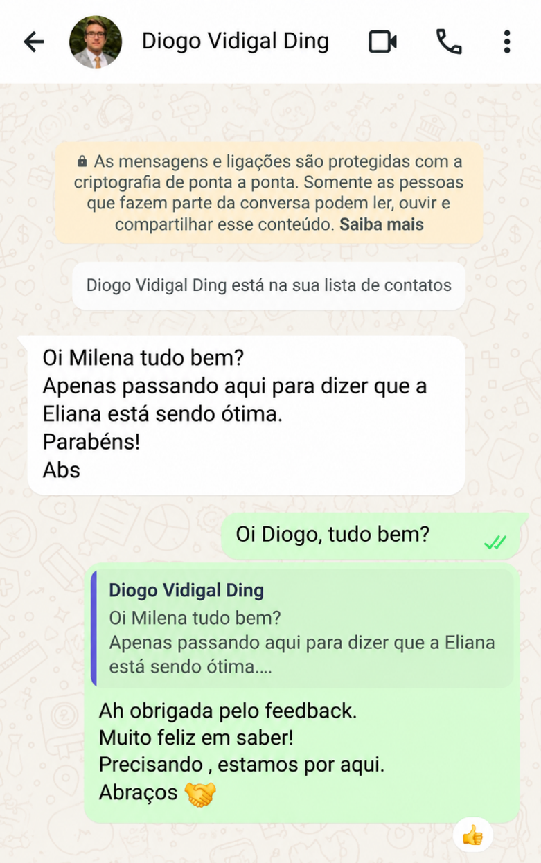Conversa de WhatsApp com Diogo Vidigal Ding parabenizando o trabalho da profissional contratada pela PriorizaRH